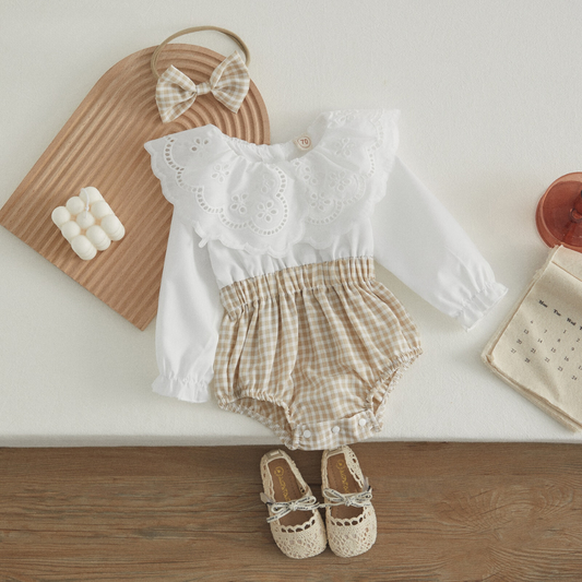 Floral Lace Top with Plaid Romper