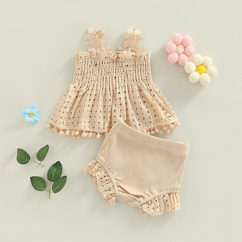 Summer Pleated Hollow Out Tank Top and Shorts Set