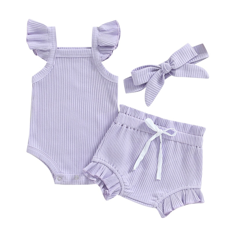 Summer Solid Knit Ruffle Sleeve Set