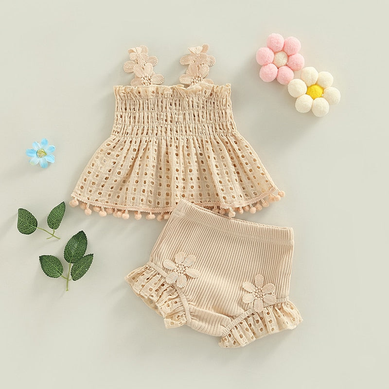 Summer Pleated Hollow Out Tank Top and Shorts Set