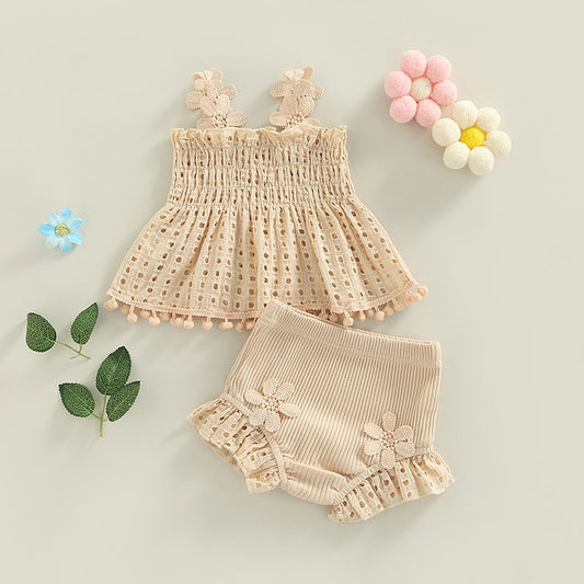 Summer Pleated Hollow Out Tank Top and Shorts Set