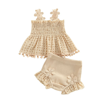 Summer Pleated Hollow Out Tank Top and Shorts Set