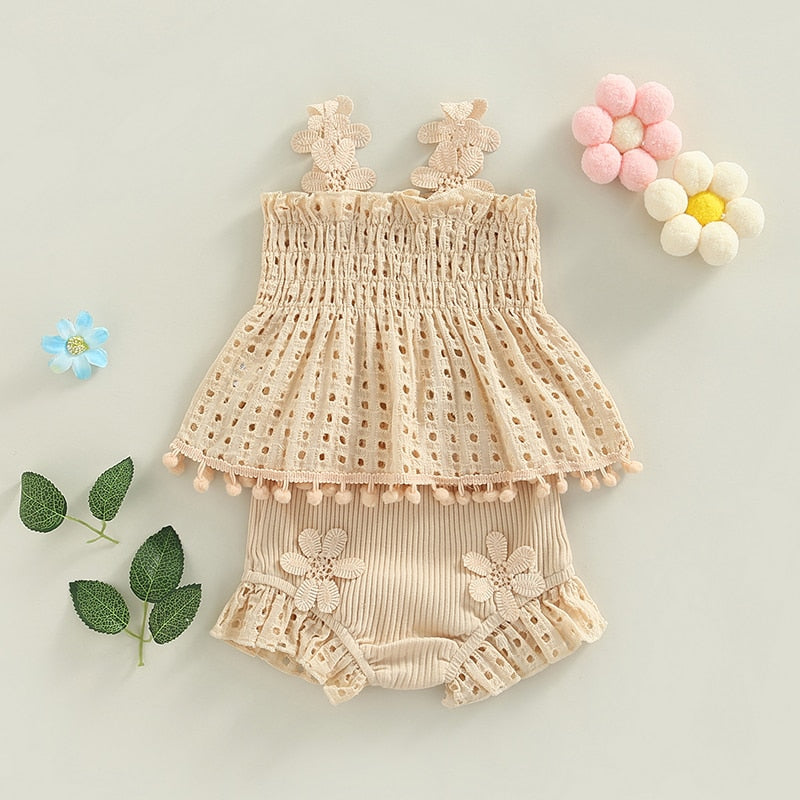 Summer Pleated Hollow Out Tank Top and Shorts Set